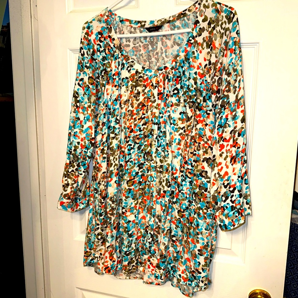 Intro Large Women's Blue Geometric Print  Peasant Boho Tunic Top Blouse Fringe